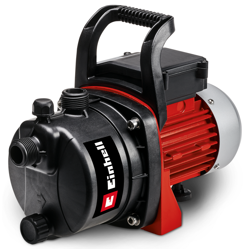 Rote Gartenpumpe mit schwarzem Griff