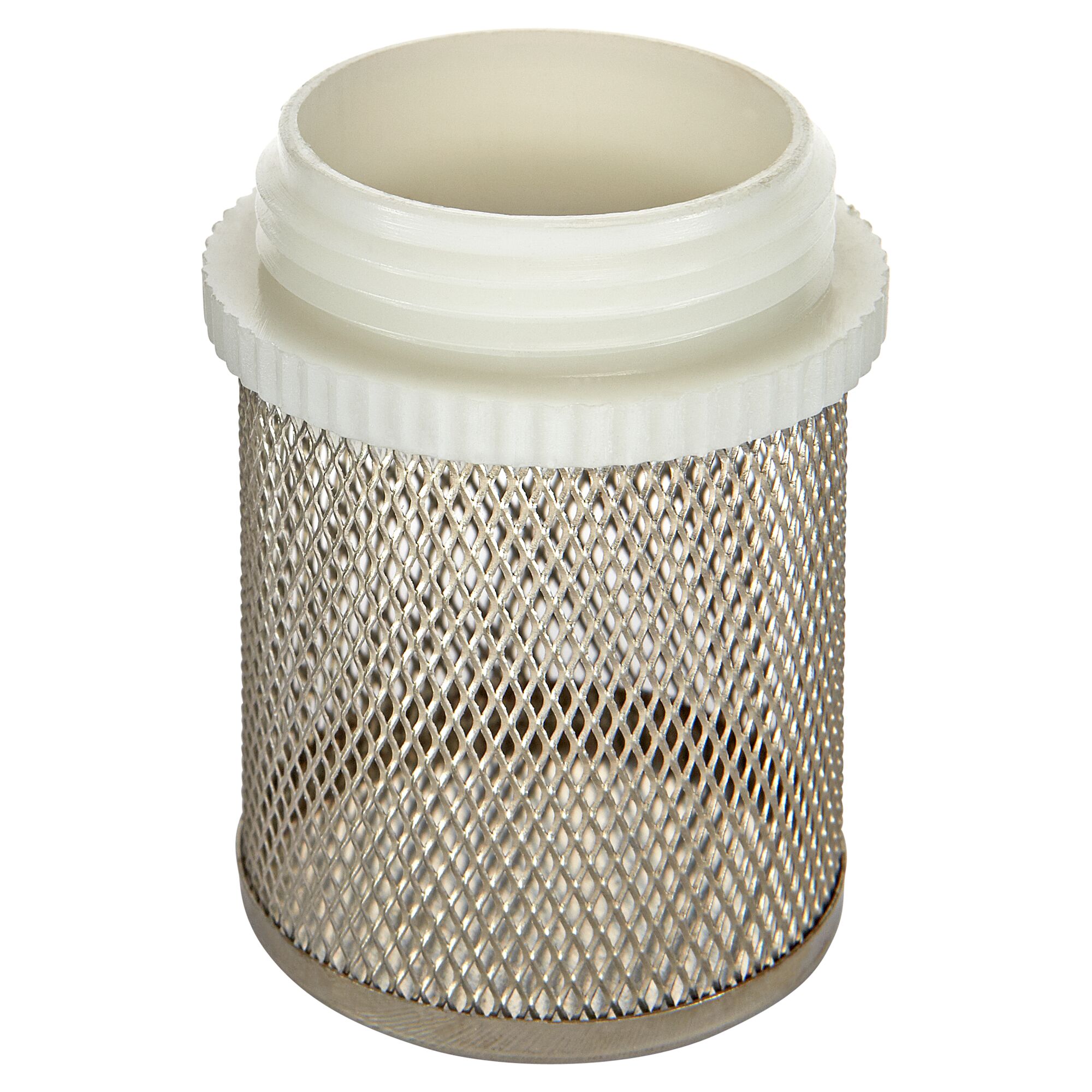 Saugkorb mit weißem Kunststoffdeckel und Metallgewebe.