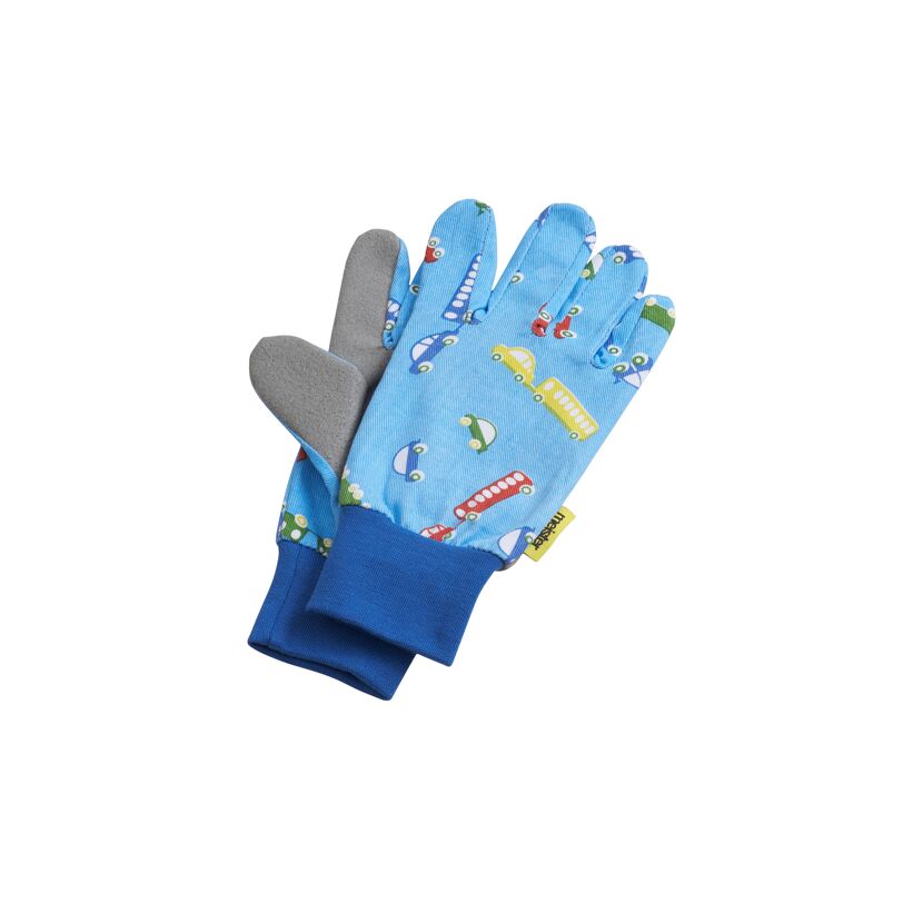 Blaue Kinderhandschuhe mit buntem Muster von Autos