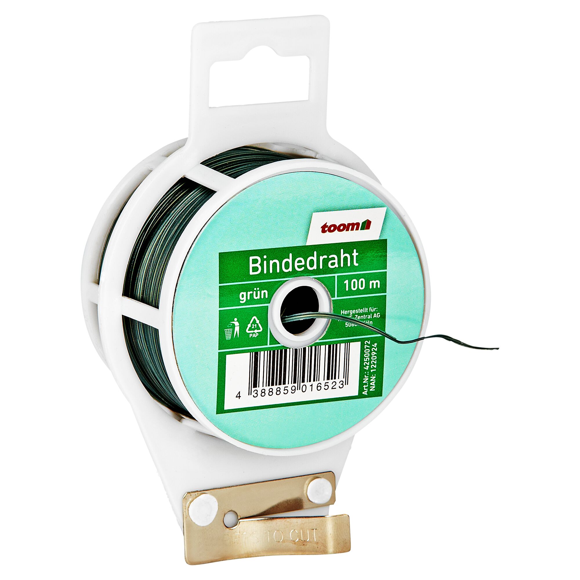 Grüner Bindedraht auf Spule mit integriertem Schneider