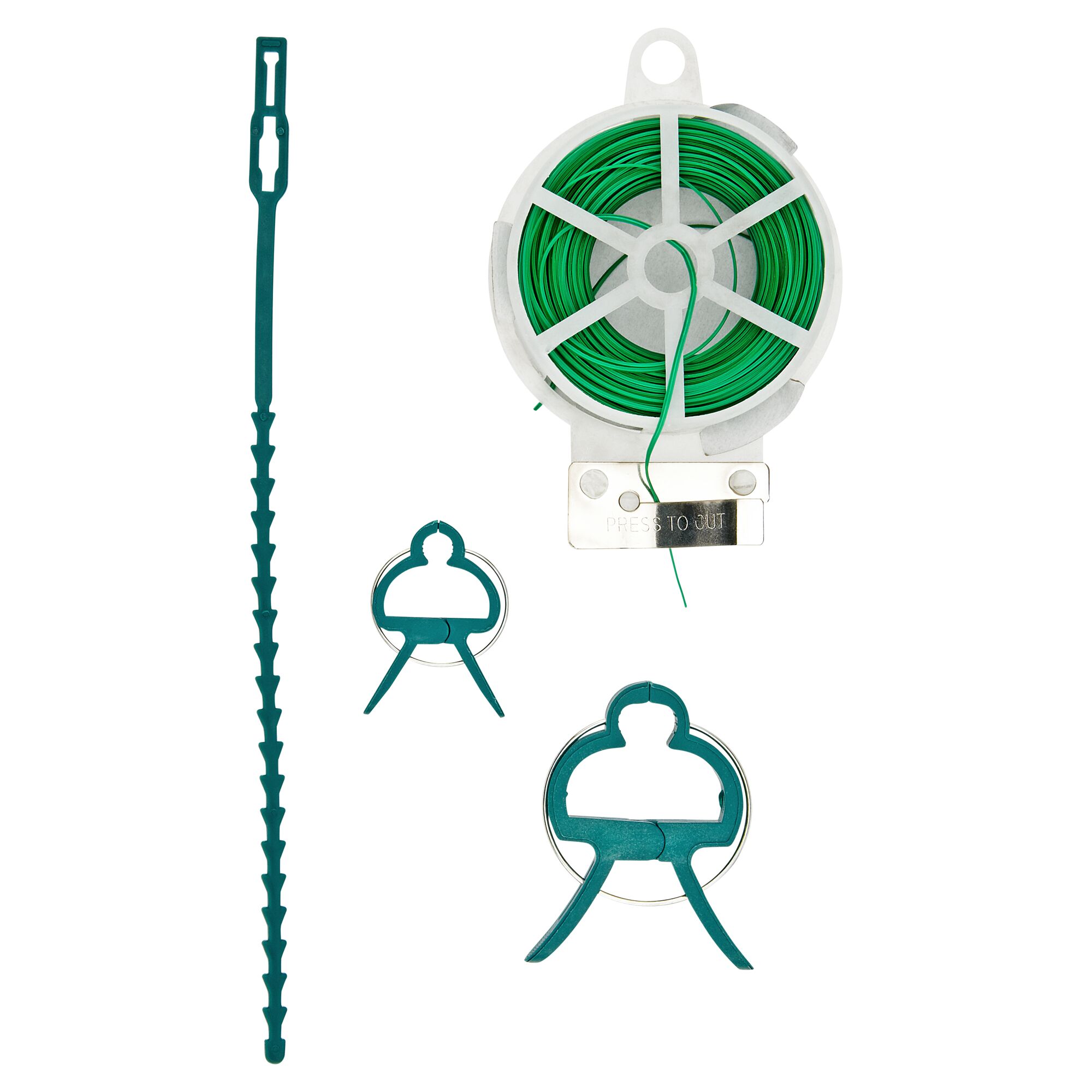 Grünes Pflanzenbindeset mit Bindedraht, Kabelbinder und Clips