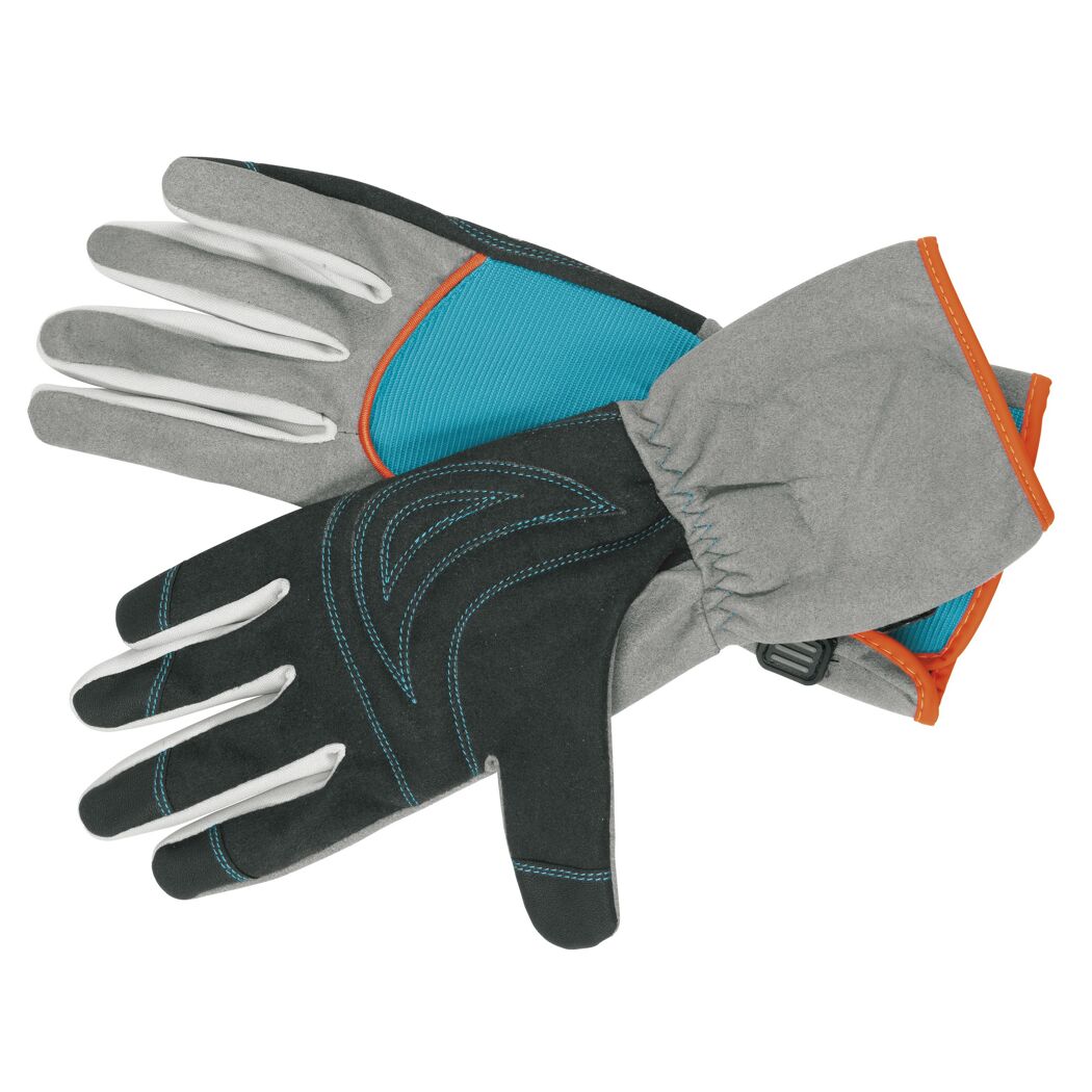Schwarze und graue Gartenhandschuhe mit türkisfarbener Applikation