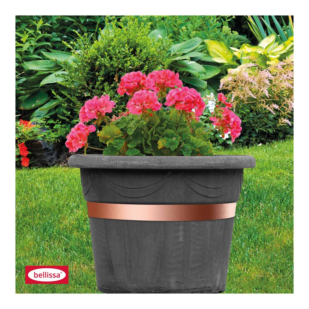 Blumentopf mit rosa Geranien und Kupferband