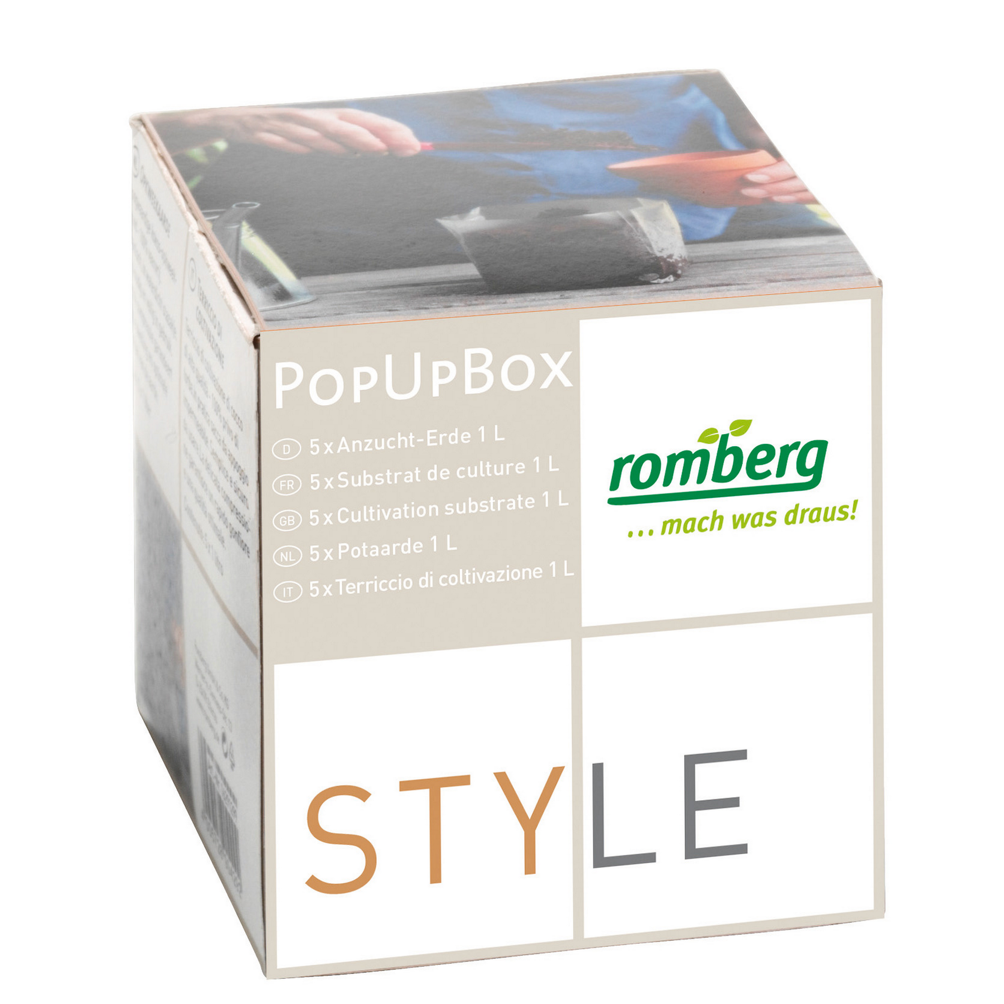 STYLE POPUP BOX  komprimierte Anzucht-Erde + product picture