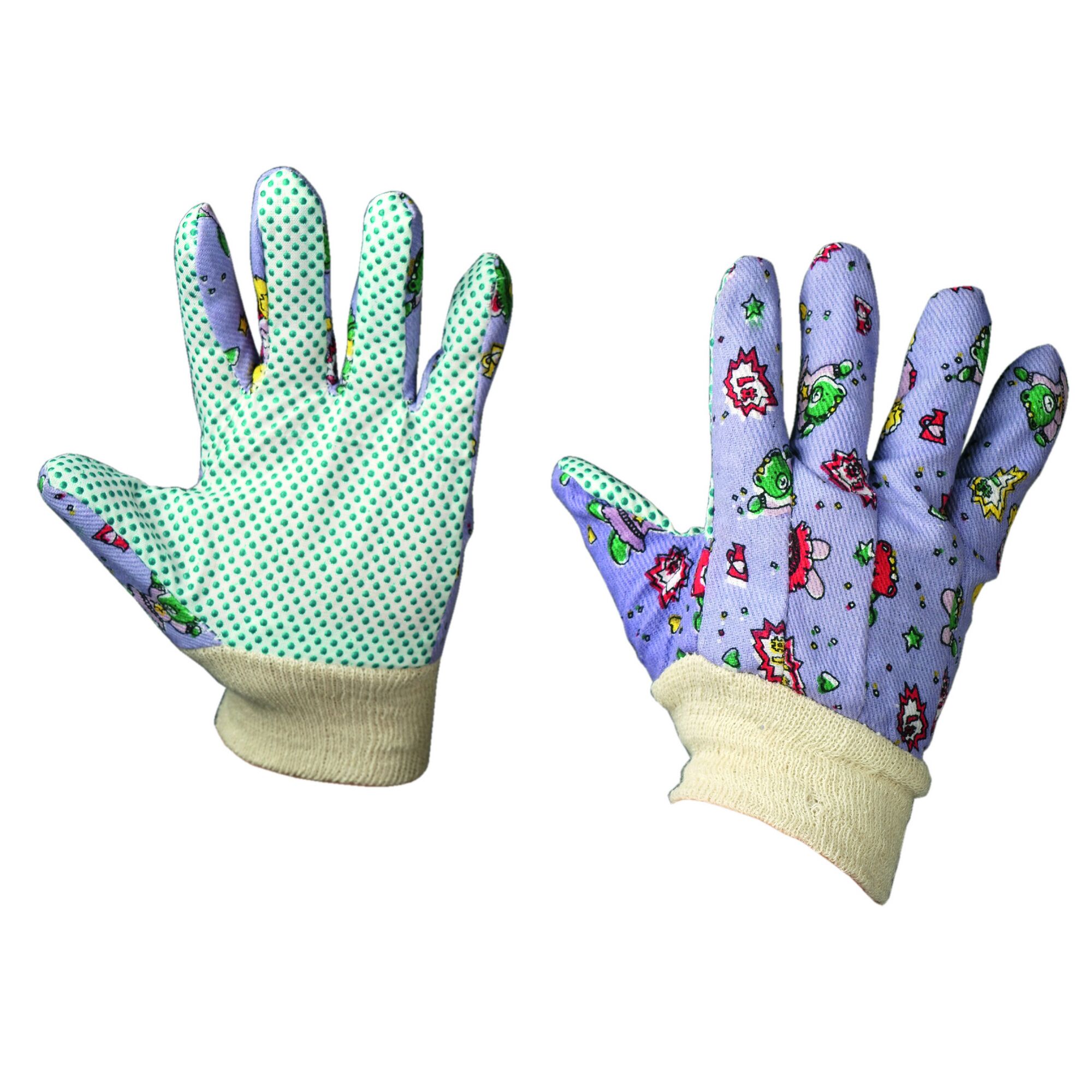 Zwei Gartenhandschuhe Junior mit grünen Punkten und bunten Motiven
