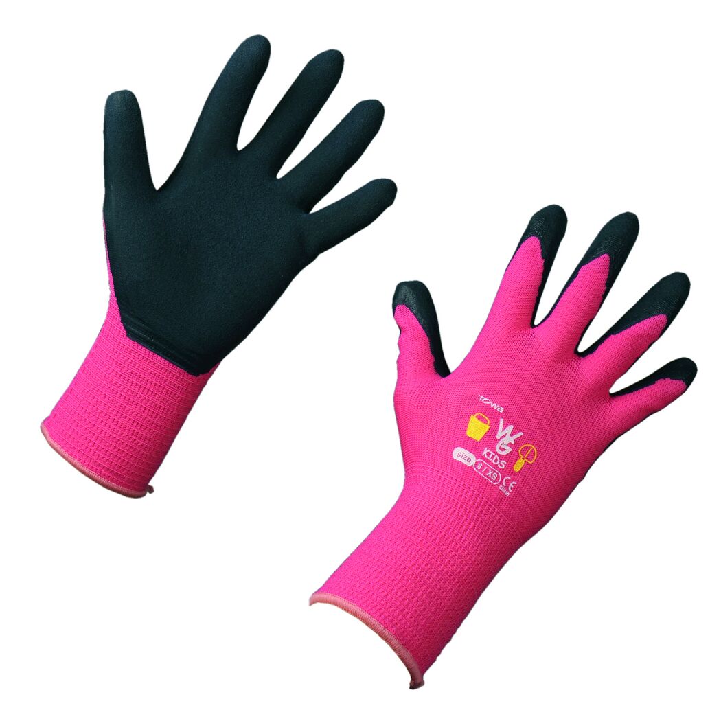 Ein Paar pinker Kinder-Gartenhandschuhe mit schwarzer Handfläche.