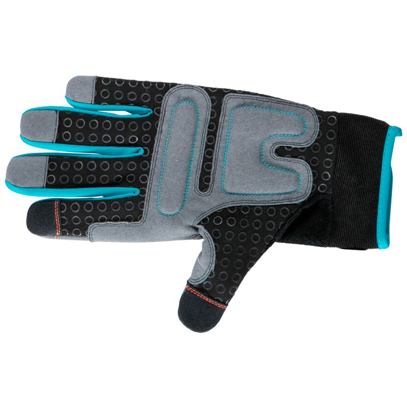 Schwarzer Arbeitshandschuh mit türkisblauen Nähten, Größe M