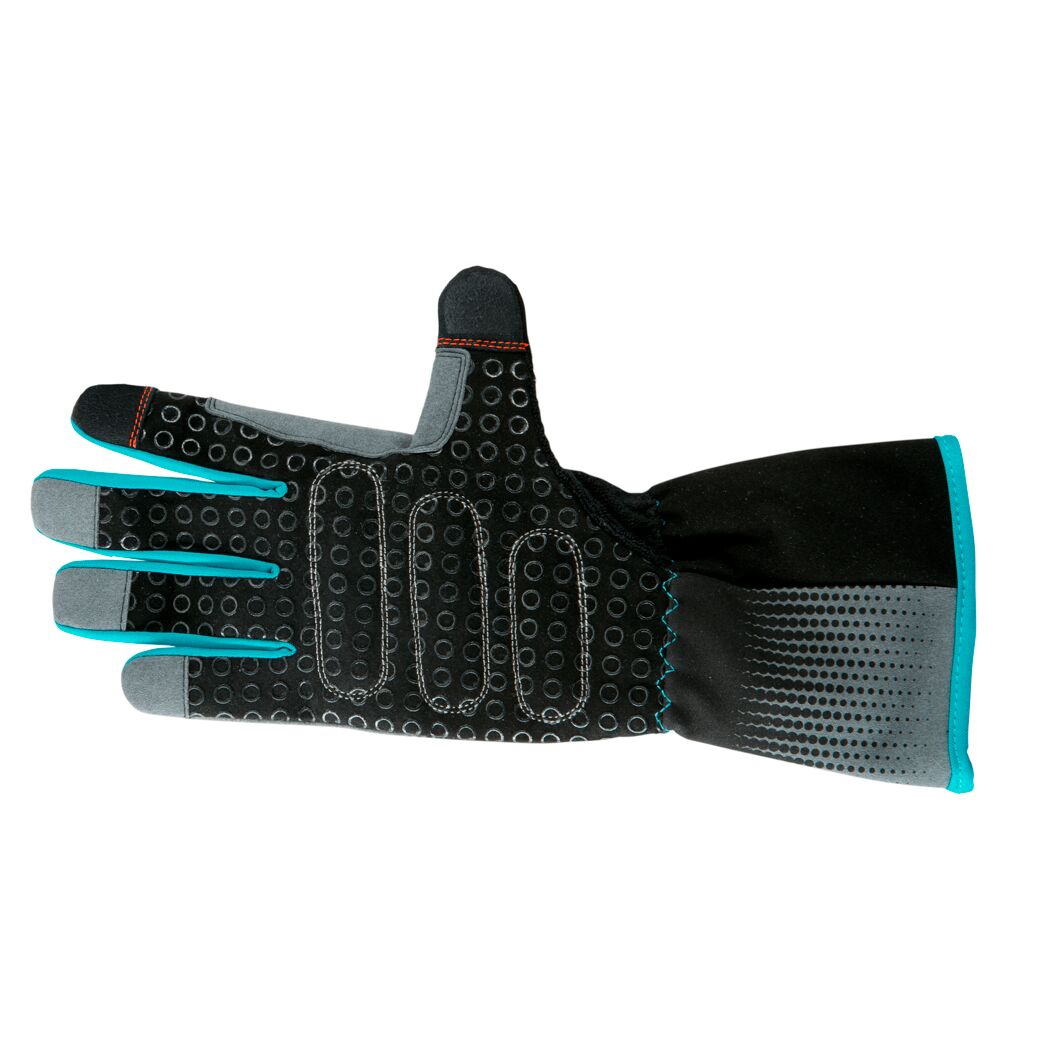 Schwarzer Arbeitshandschuh mit türkisblauen Nähten