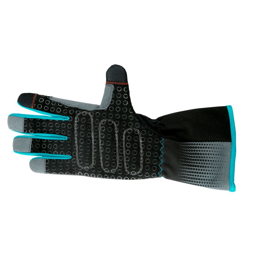 Schwarzer Arbeitshandschuh mit türkisblauen Nähten