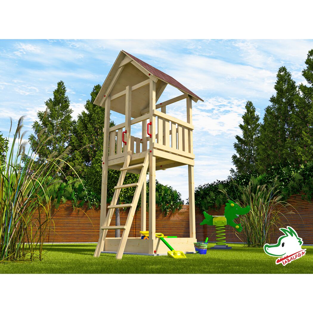 Spielturm aus Holz mit Sandkasten, Leiter und Dach