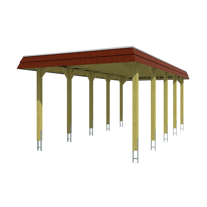 Holzcarport mit rotem Dach