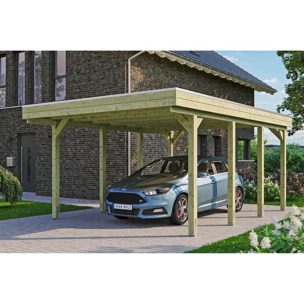 Auto steht unter einem Carport aus Holz.
