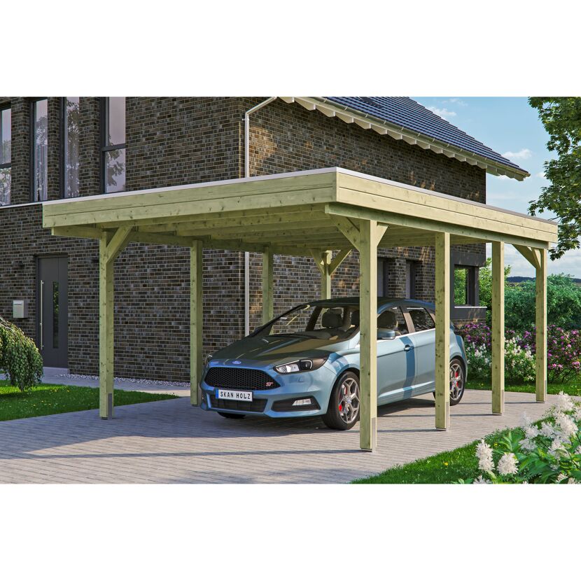 Auto steht unter einem Carport aus Holz.