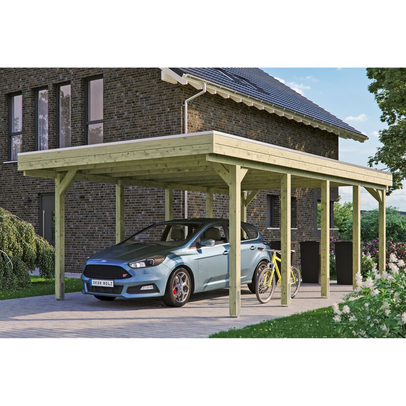 Auto und Fahrrad unter einem Carport