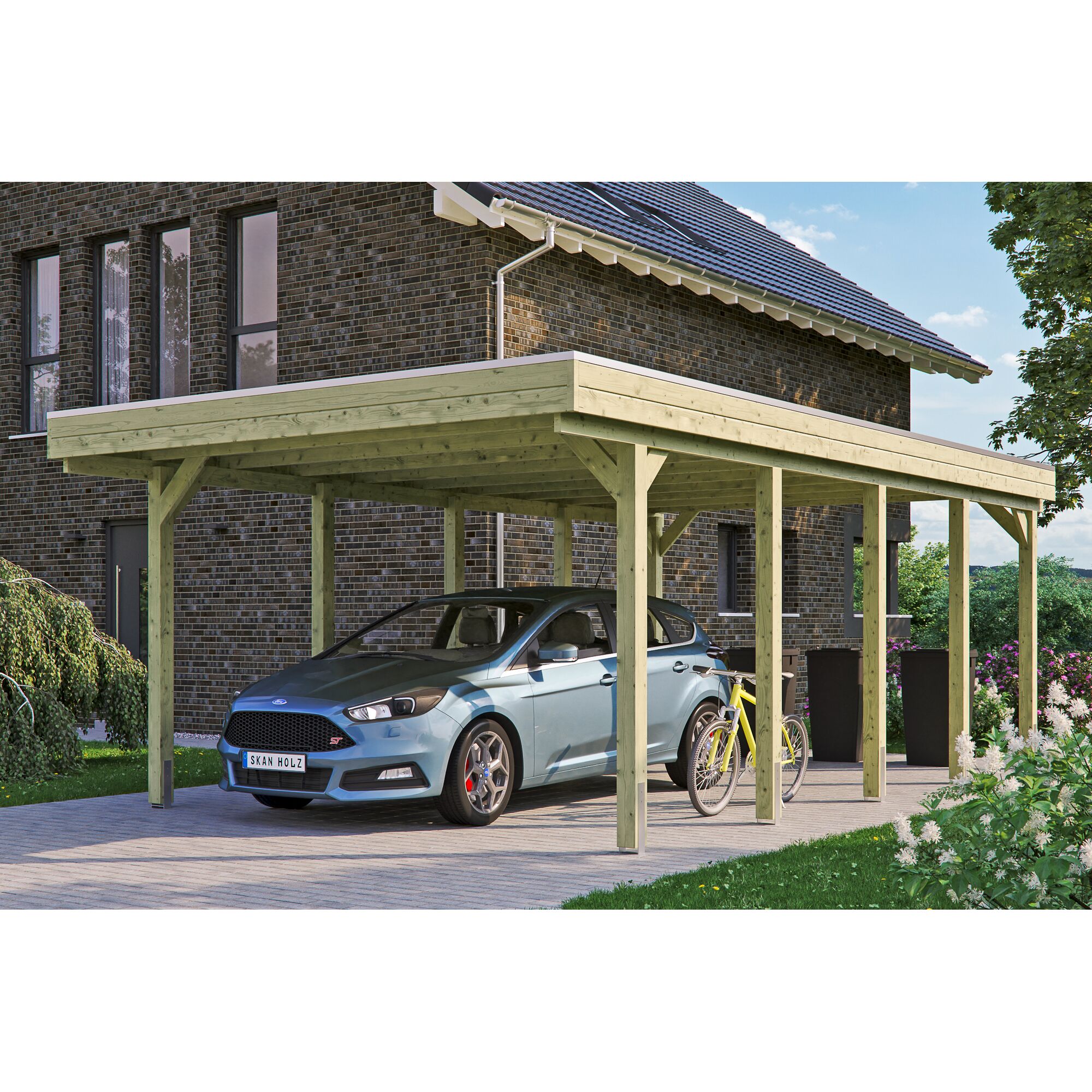 Auto und Fahrrad unter einem Carport