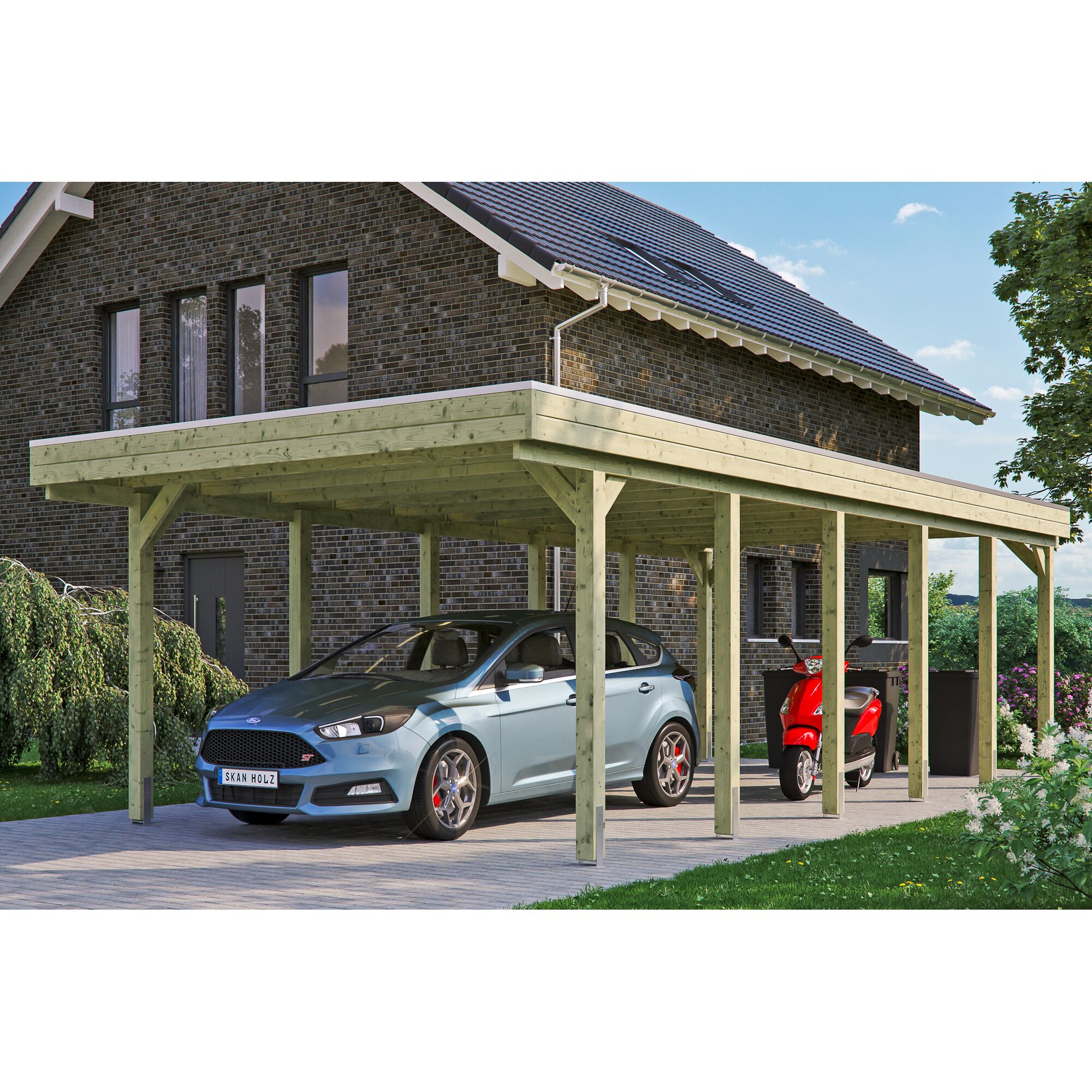 Auto und Roller unter einem Carport