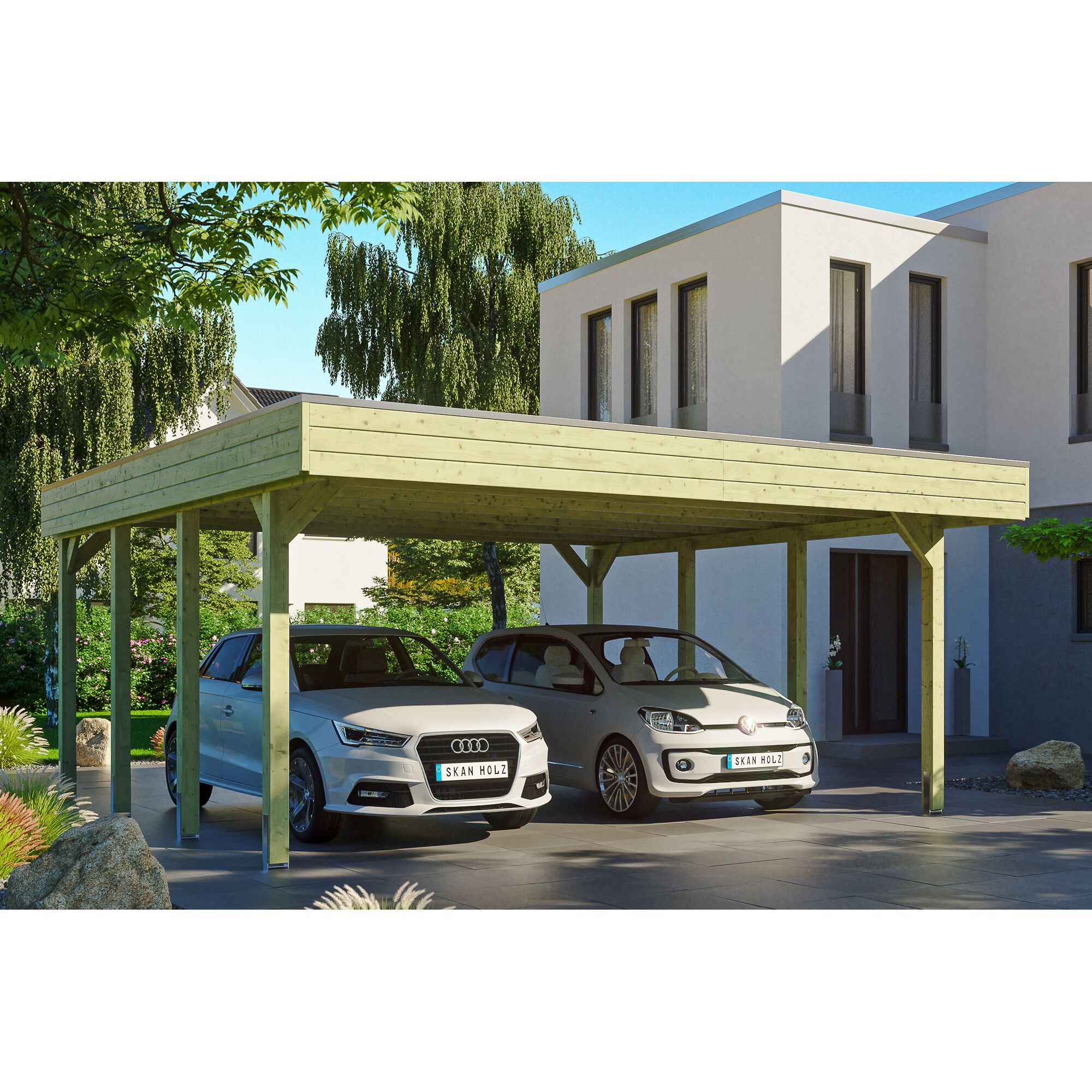 Zwei Autos unter einem Carport von SKAN HOLZ.