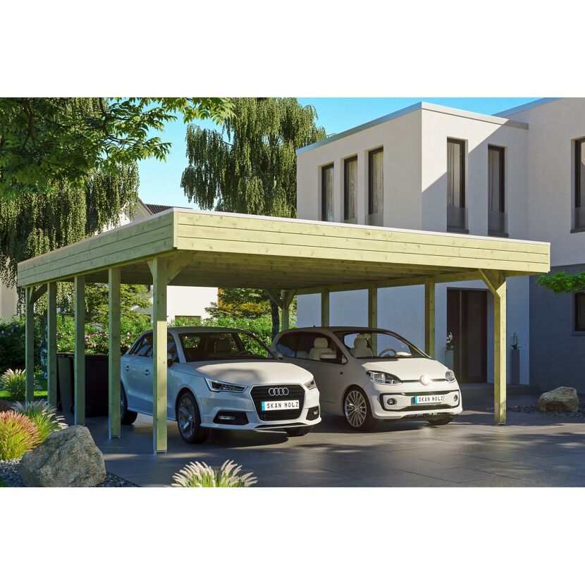 Doppelcarport aus Holz mit zwei Autos