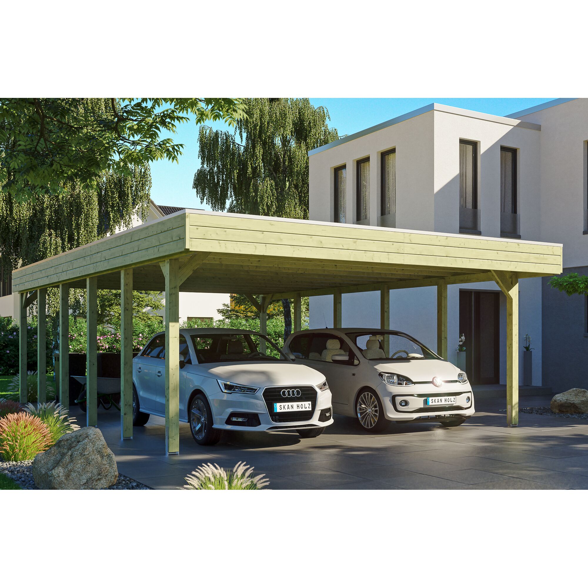 Doppelcarport aus Holz mit zwei Autos