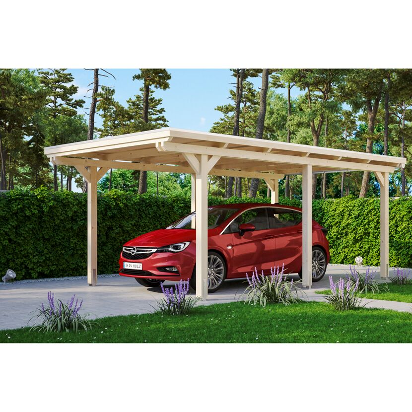 Auto unter einem Carport aus Holz.
