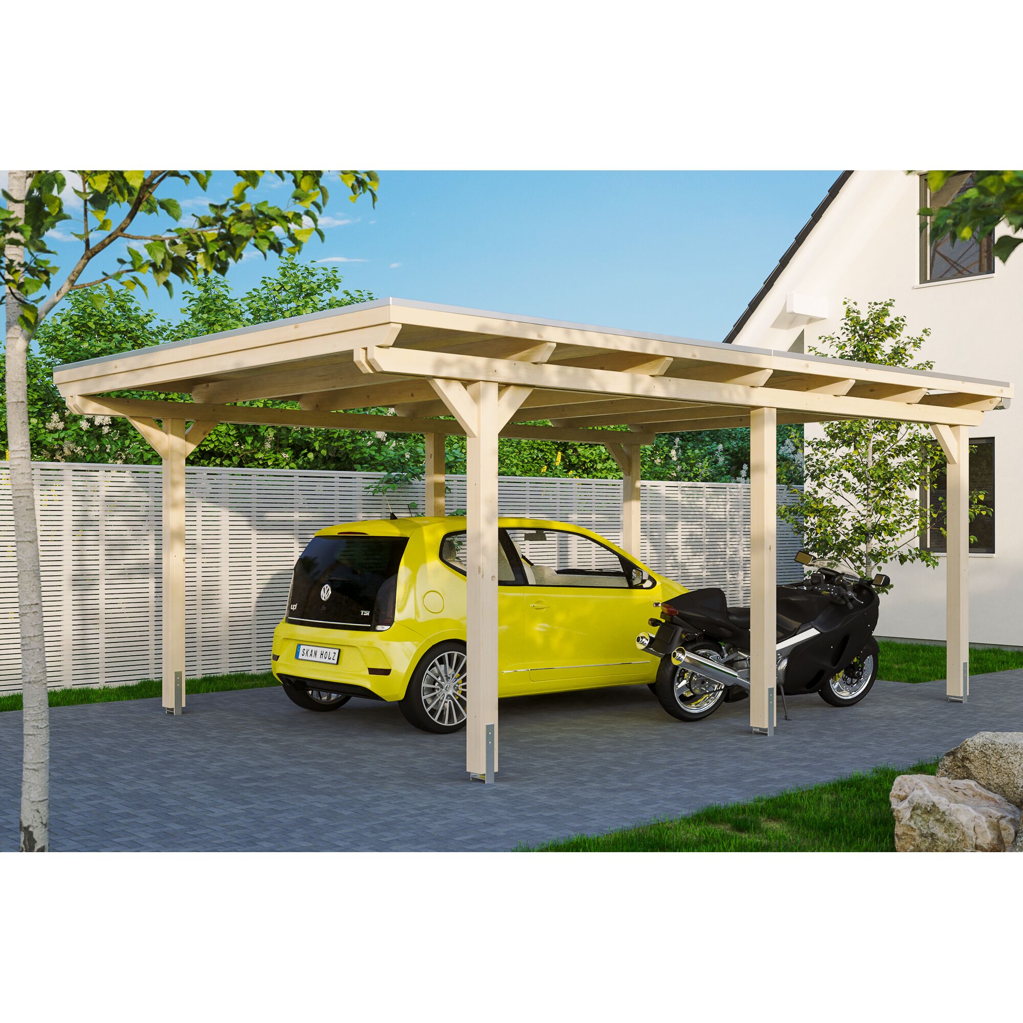Auto und Motorrad unter einem Carport
