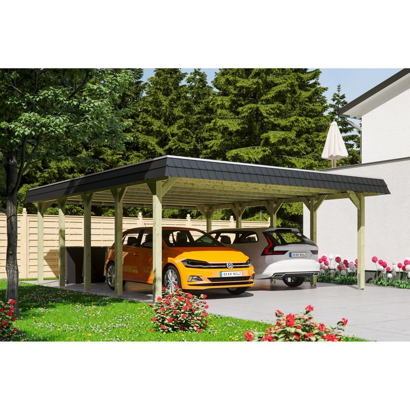 Doppelter Carport aus Holz mit zwei Autos
