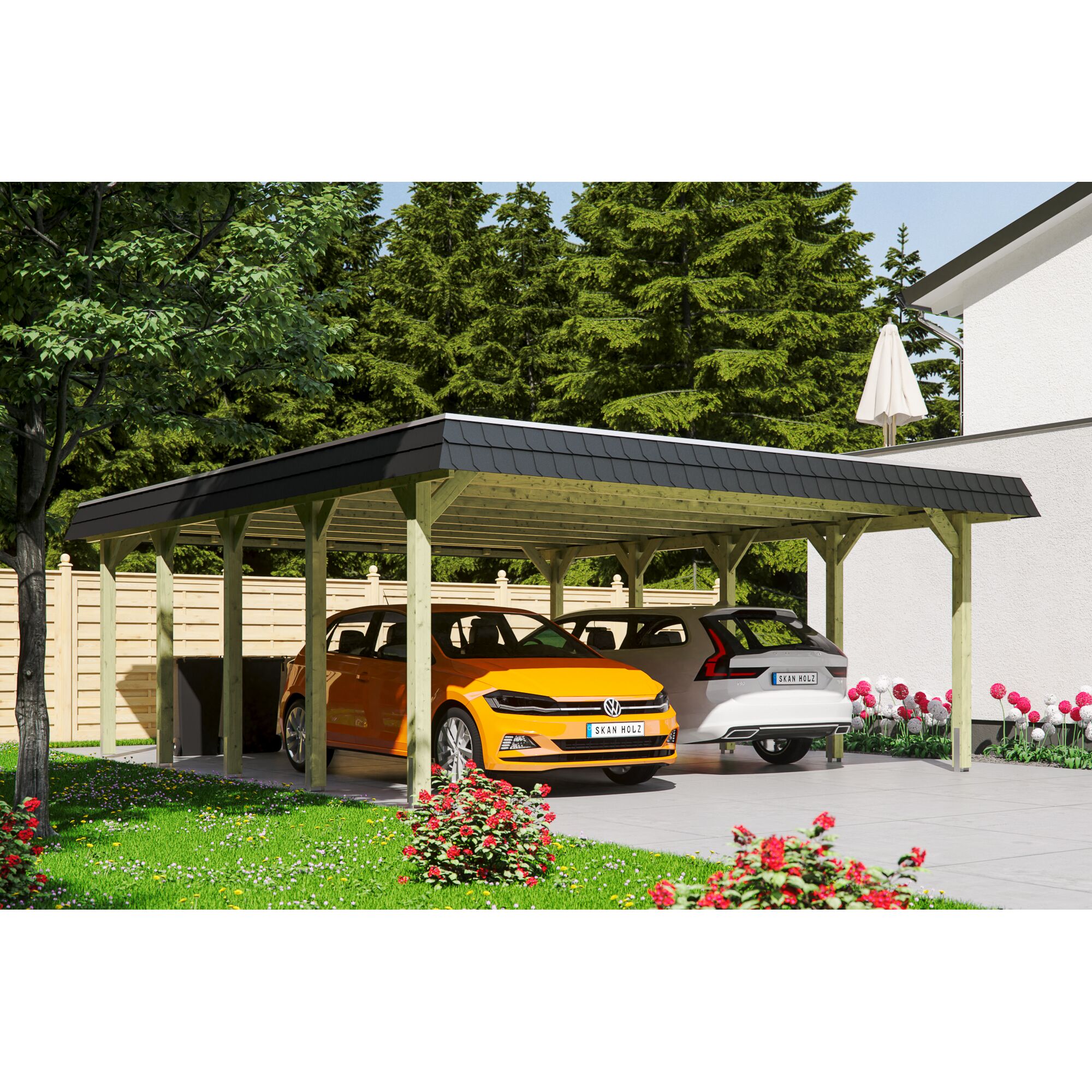 Doppelter Carport aus Holz mit zwei Autos