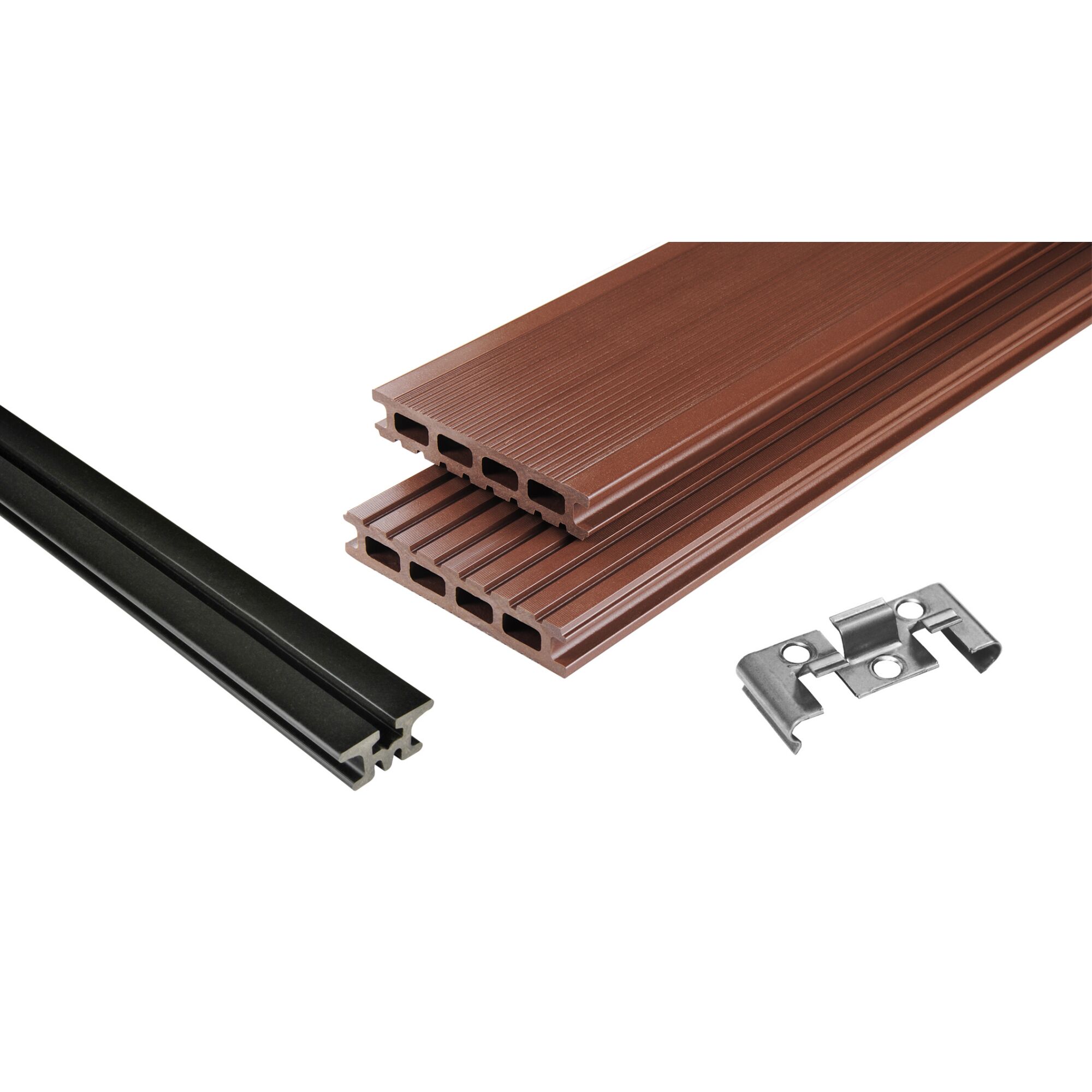 WPC Terrassendielen braun und Befestigungsclips