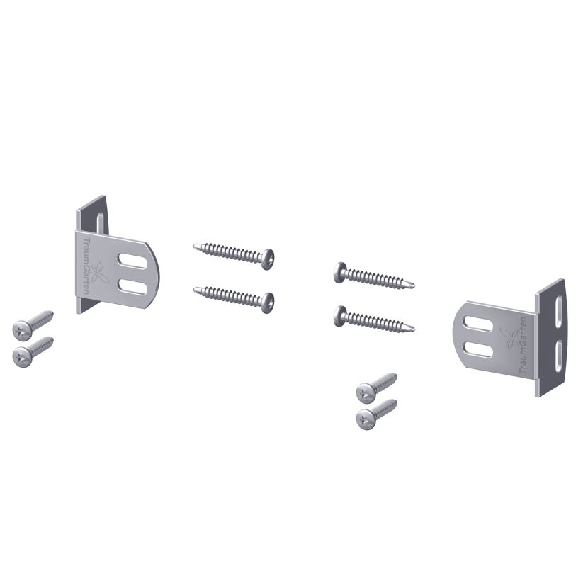 Zwei Metallhalterungen und Schrauben.
