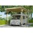 Wohnmobil unter einem Carport aus Holz.