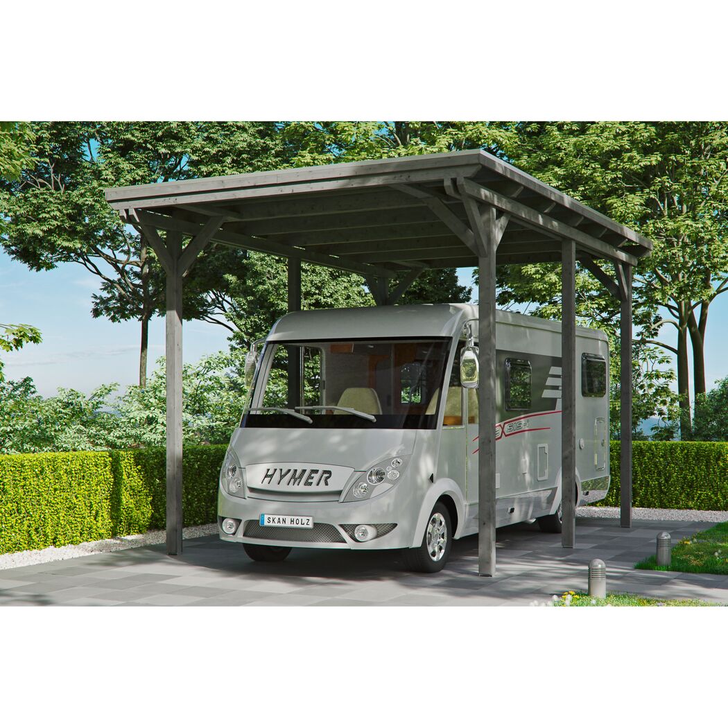 Wohnmobil unter einem grauen Carport
