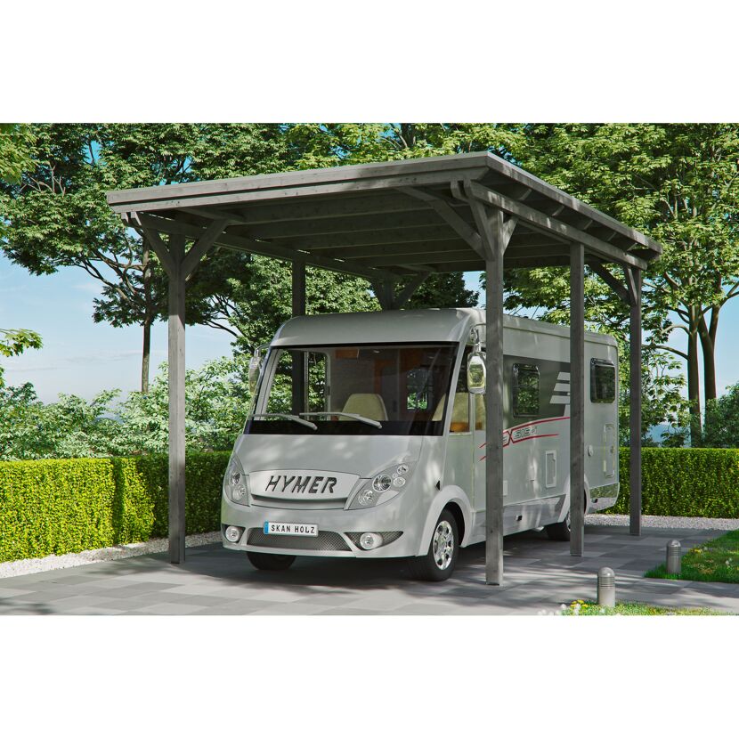Wohnmobil unter einem grauen Carport