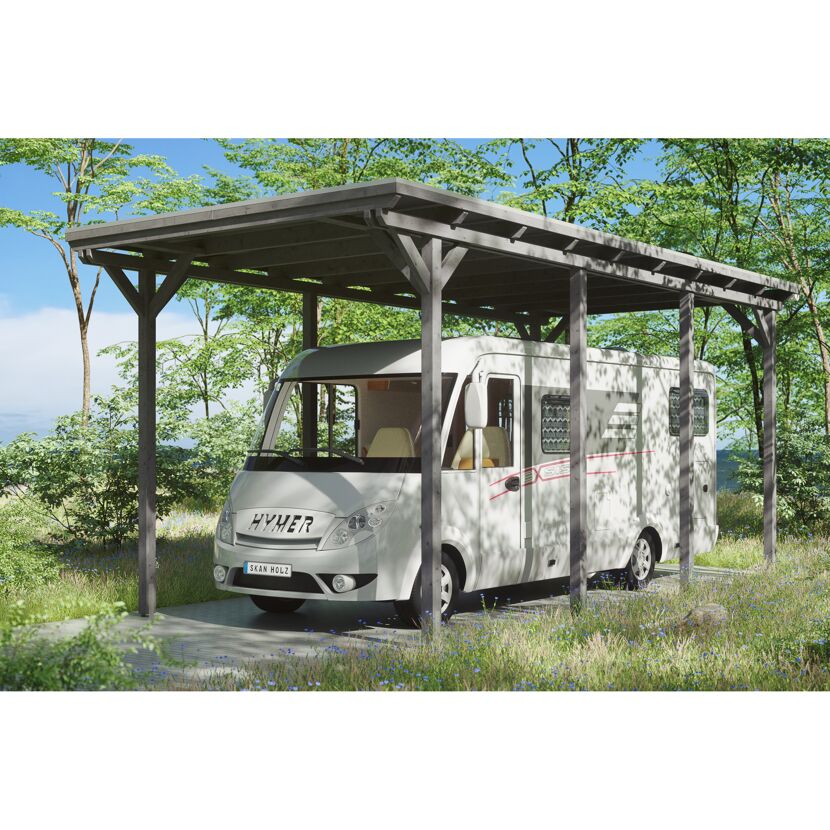 Wohnmobil unter einem grauen Carport