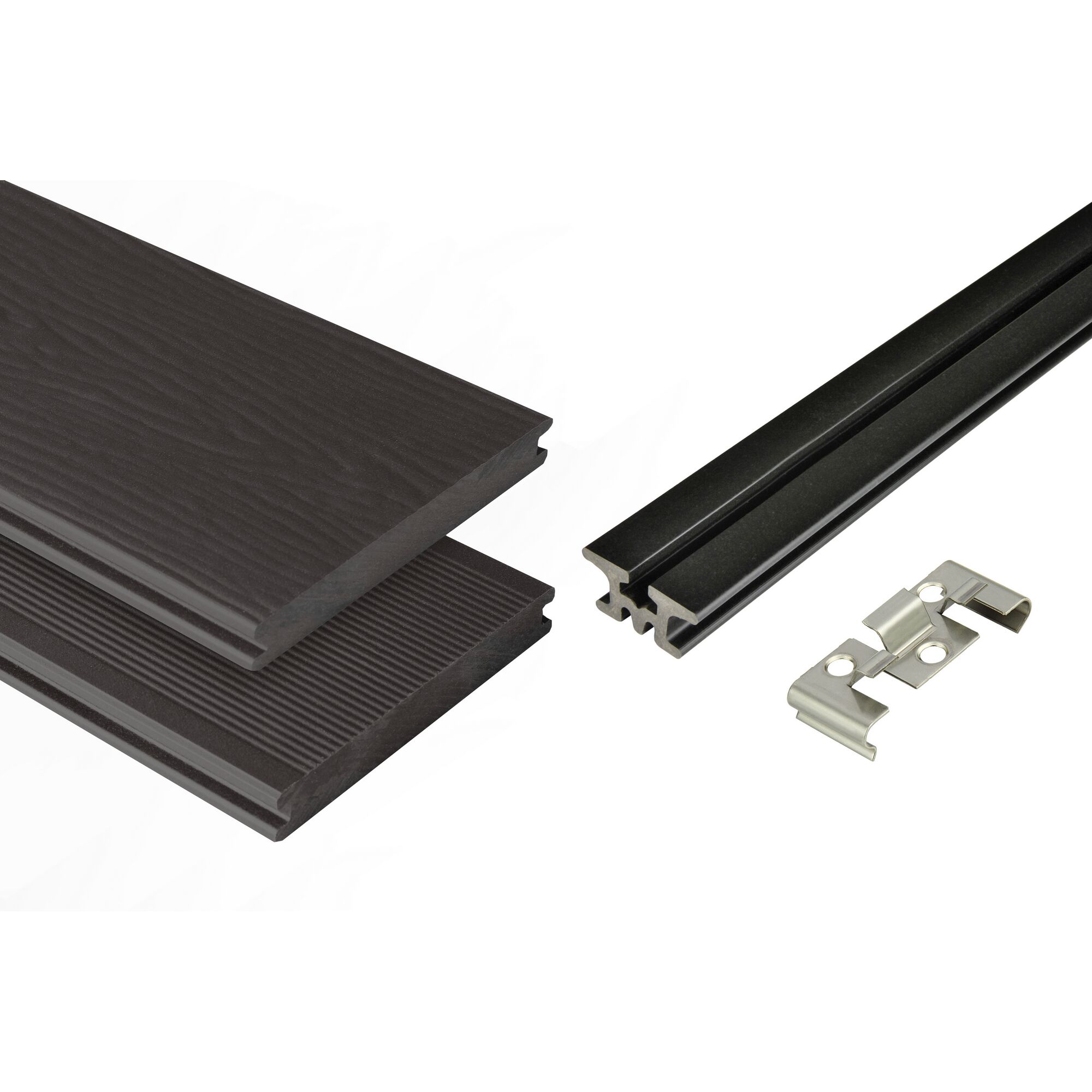 Zwei graubraune Terrassendielen, schwarze Unterkonstruktion und Befestigungsclips