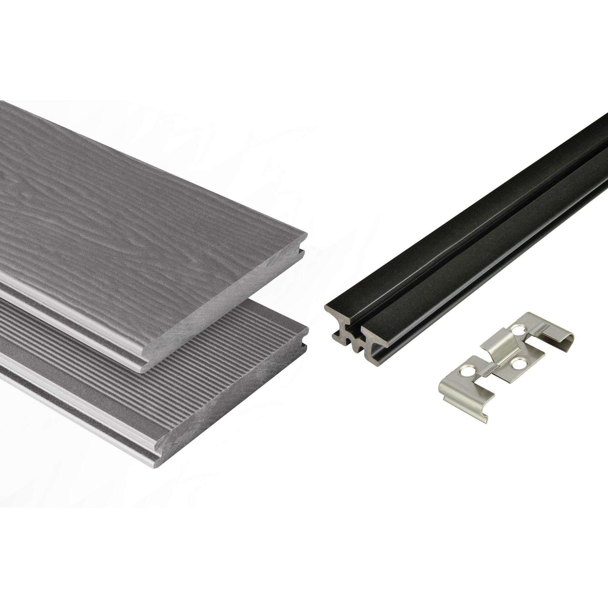 Zwei graue Terrassendielen, schwarze Unterkonstruktion und Befestigungsclips