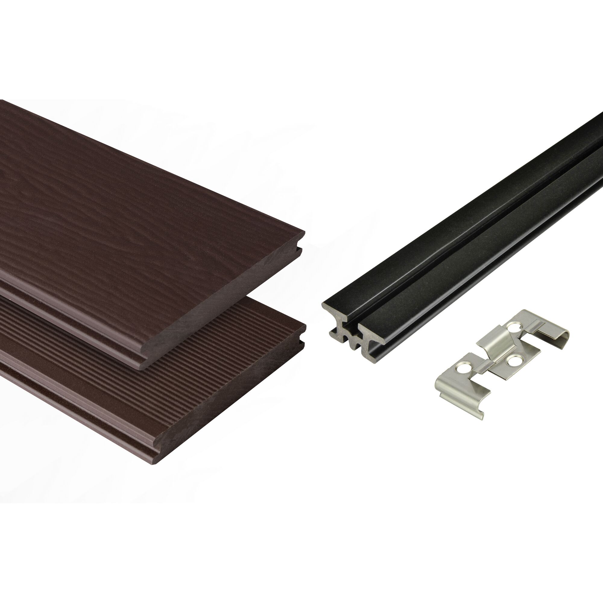 Zwei braune Terrassendielen, schwarze Unterkonstruktion und Befestigungsclips