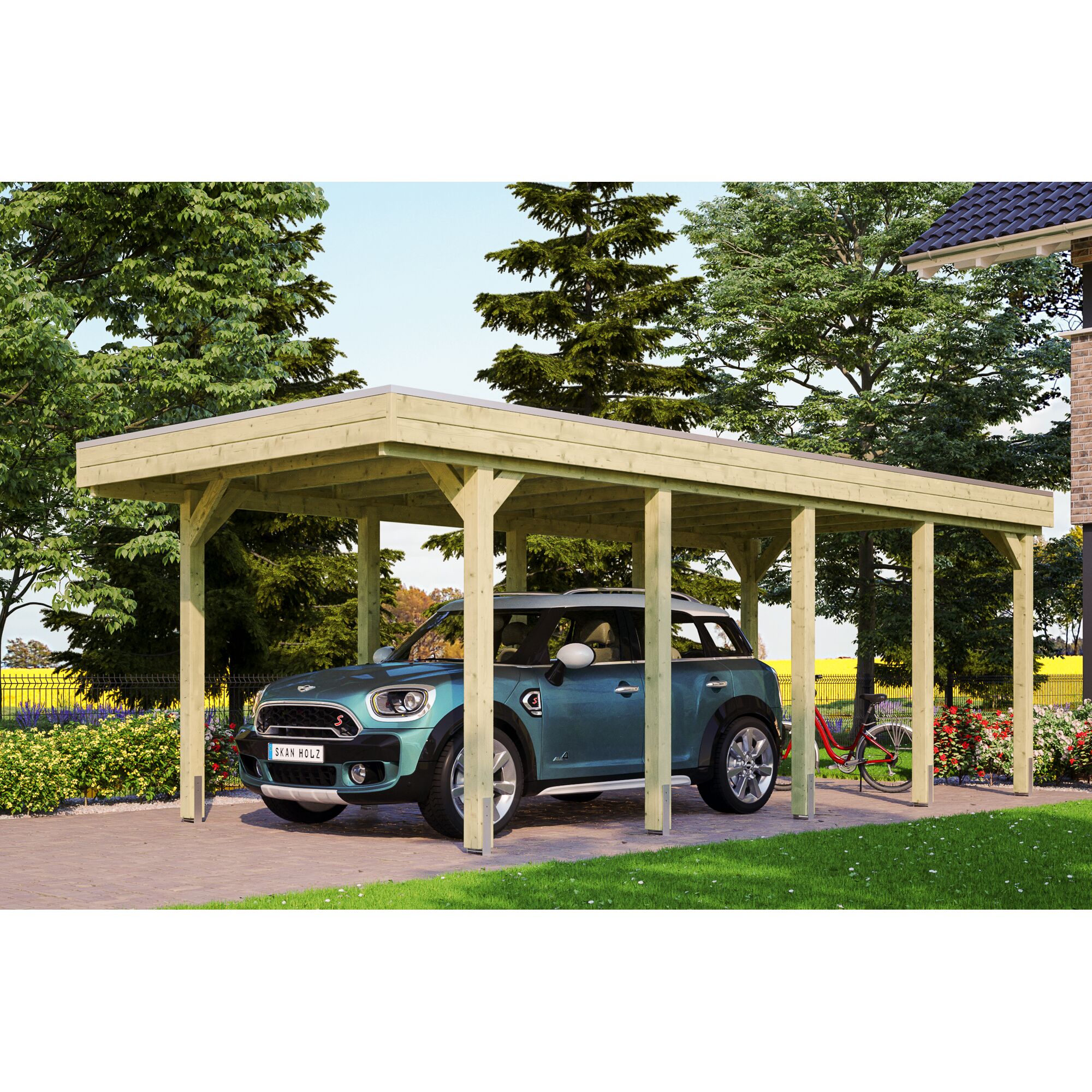Auto und Fahrrad unter einem Carport.