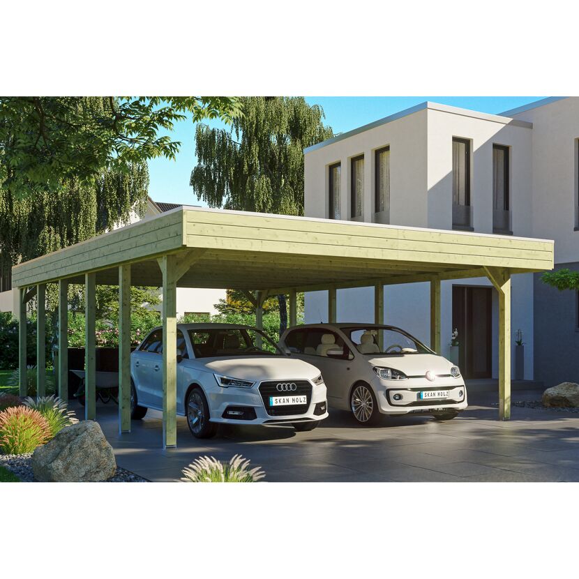 Doppelcarport aus Holz mit zwei Autos