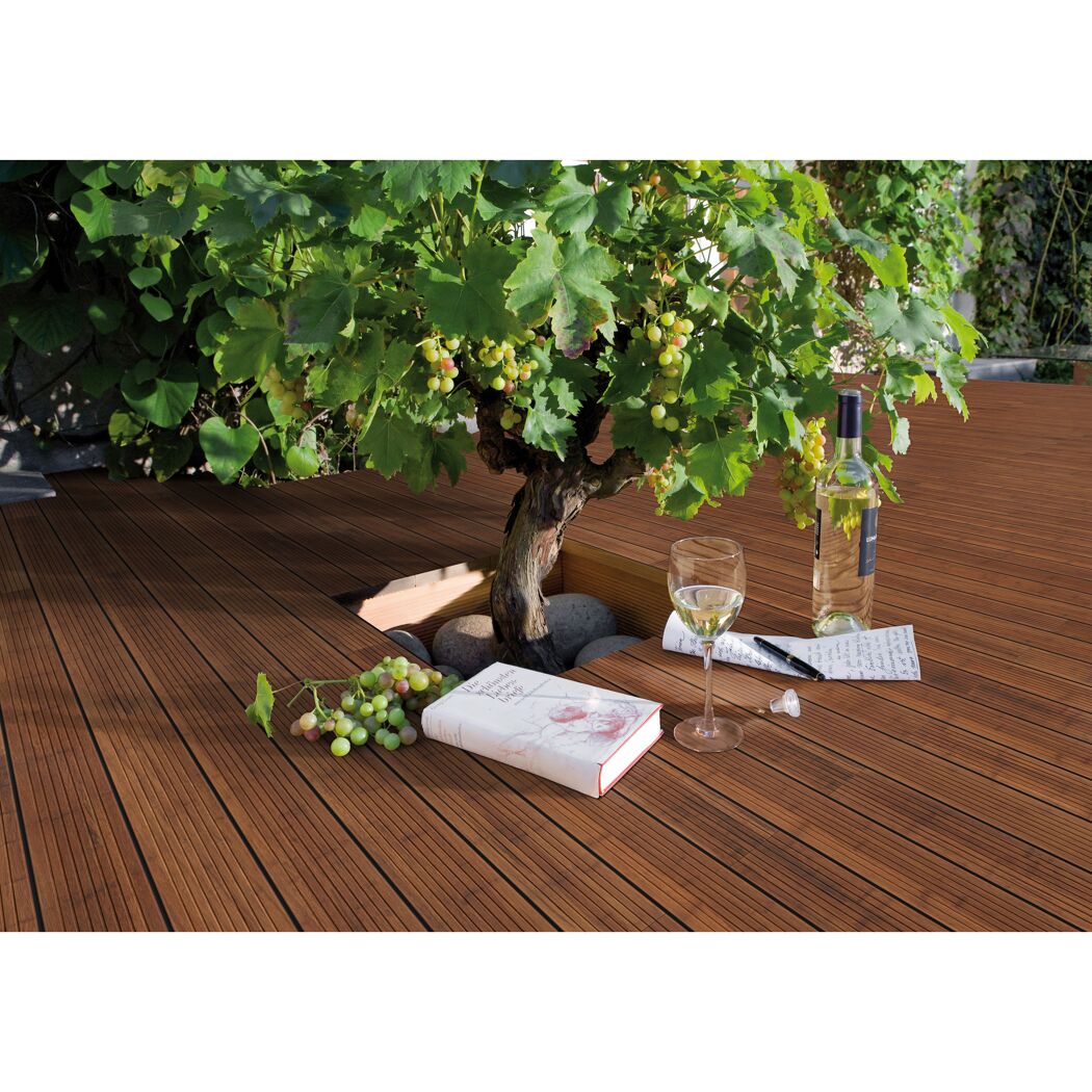 Bambus Terrassendielen, Weinrebe, Buch, Weinglas und Weinflasche