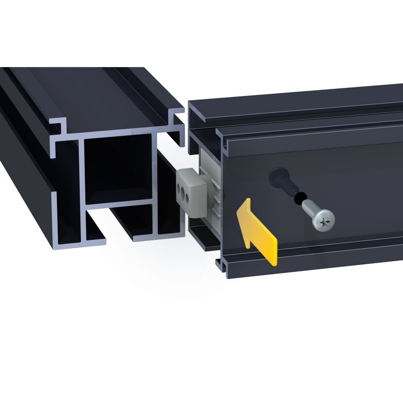 Aluprofil-Verbinder mit Schraube und Richtungspfeil