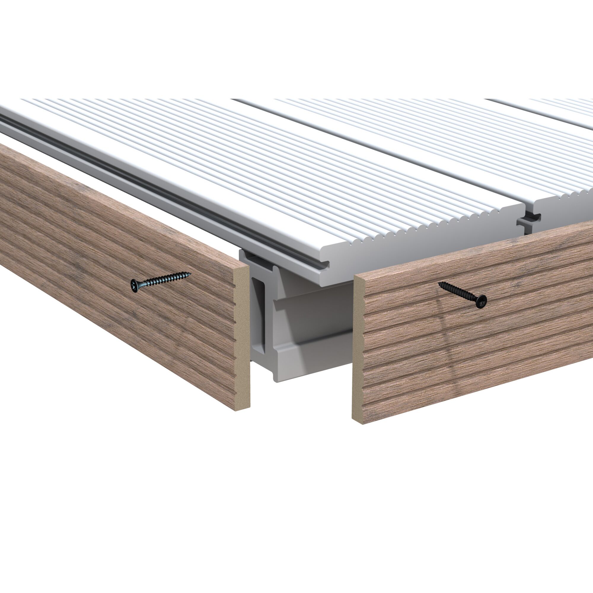 weiße Terrassendielen mit brauner seitlicher Verkleidung und Schrauben