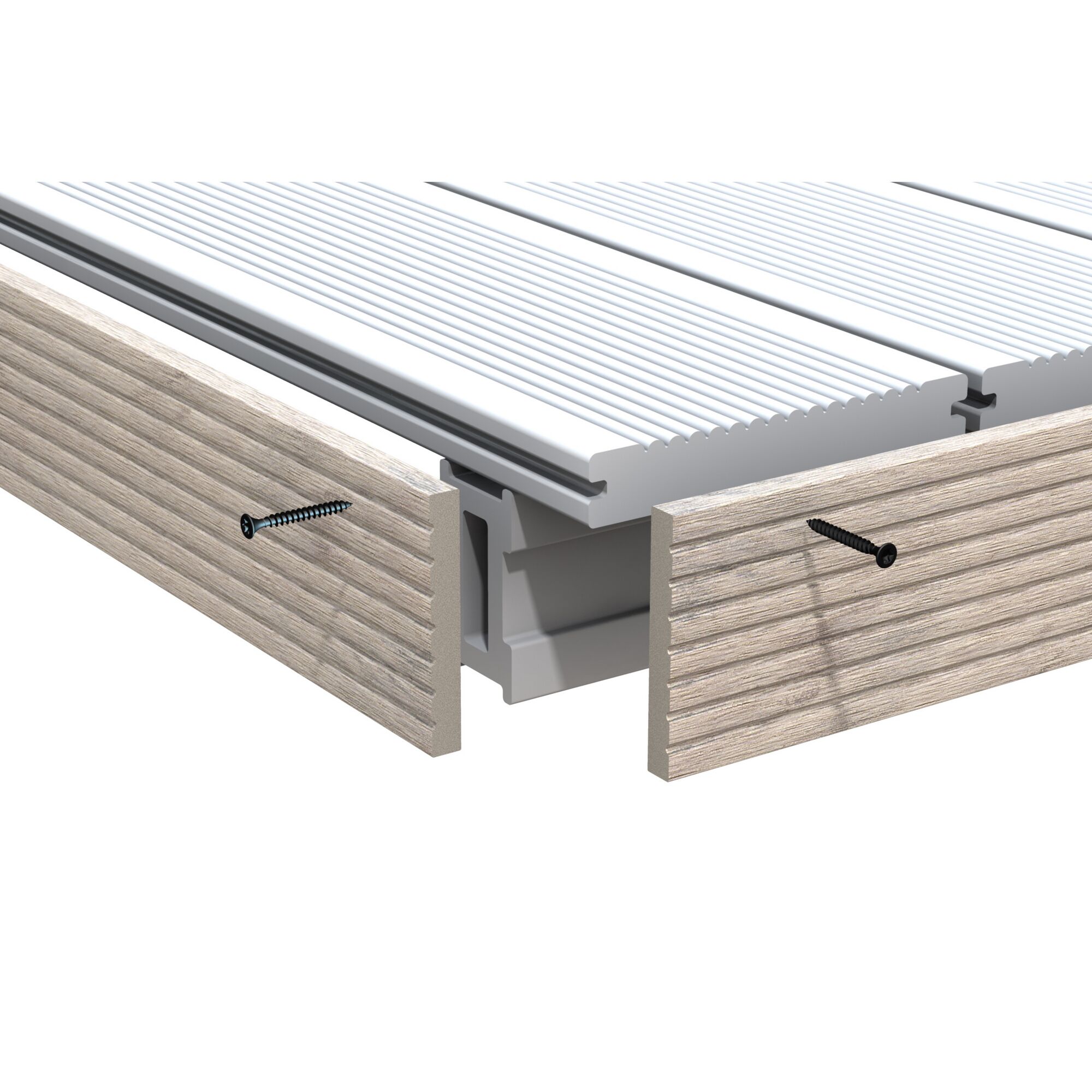 Weiße Terrassendiele und graue Seitenblende mit Schrauben befestigt.