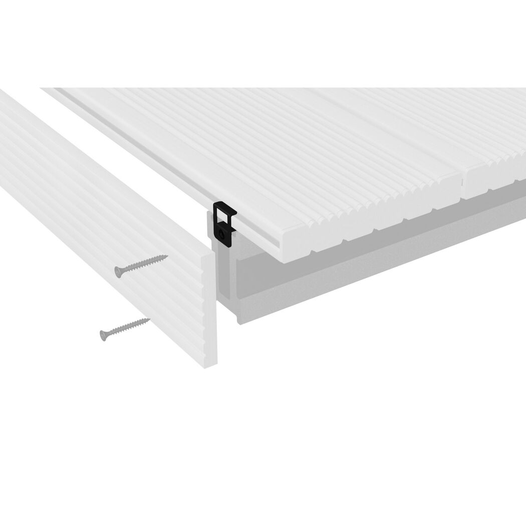 weiße Terrassendielen mit Befestigungsclips und Schrauben
