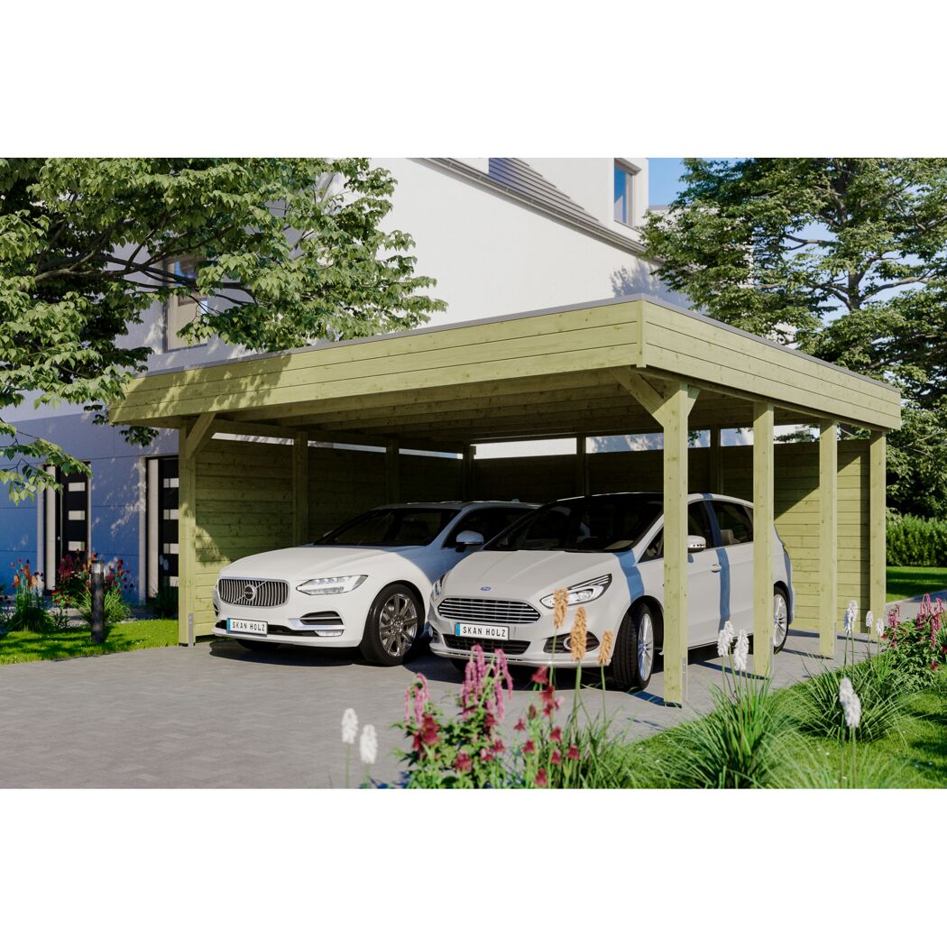 Doppelcarport aus Holz mit zwei Autos