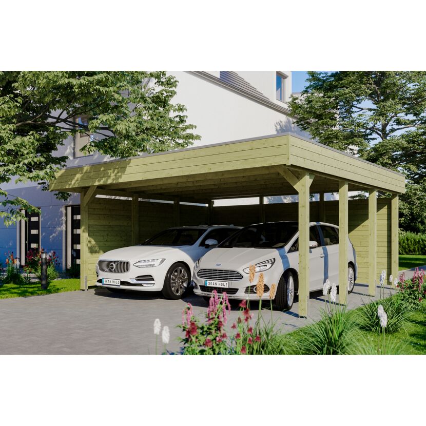 Doppelcarport aus Holz mit zwei Autos