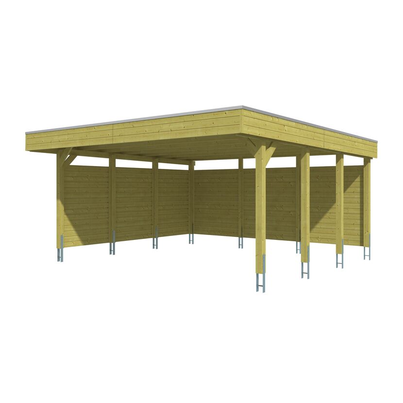 Holzcarport mit Flachdach und halbhohen Seitenwänden