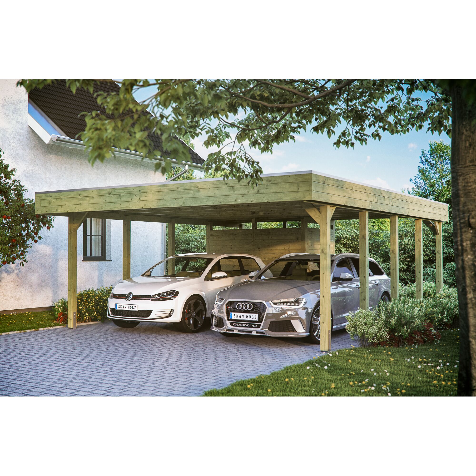 Doppelcarport aus Holz mit zwei Autos