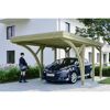 Auto steht unter einem Carport aus Holz.