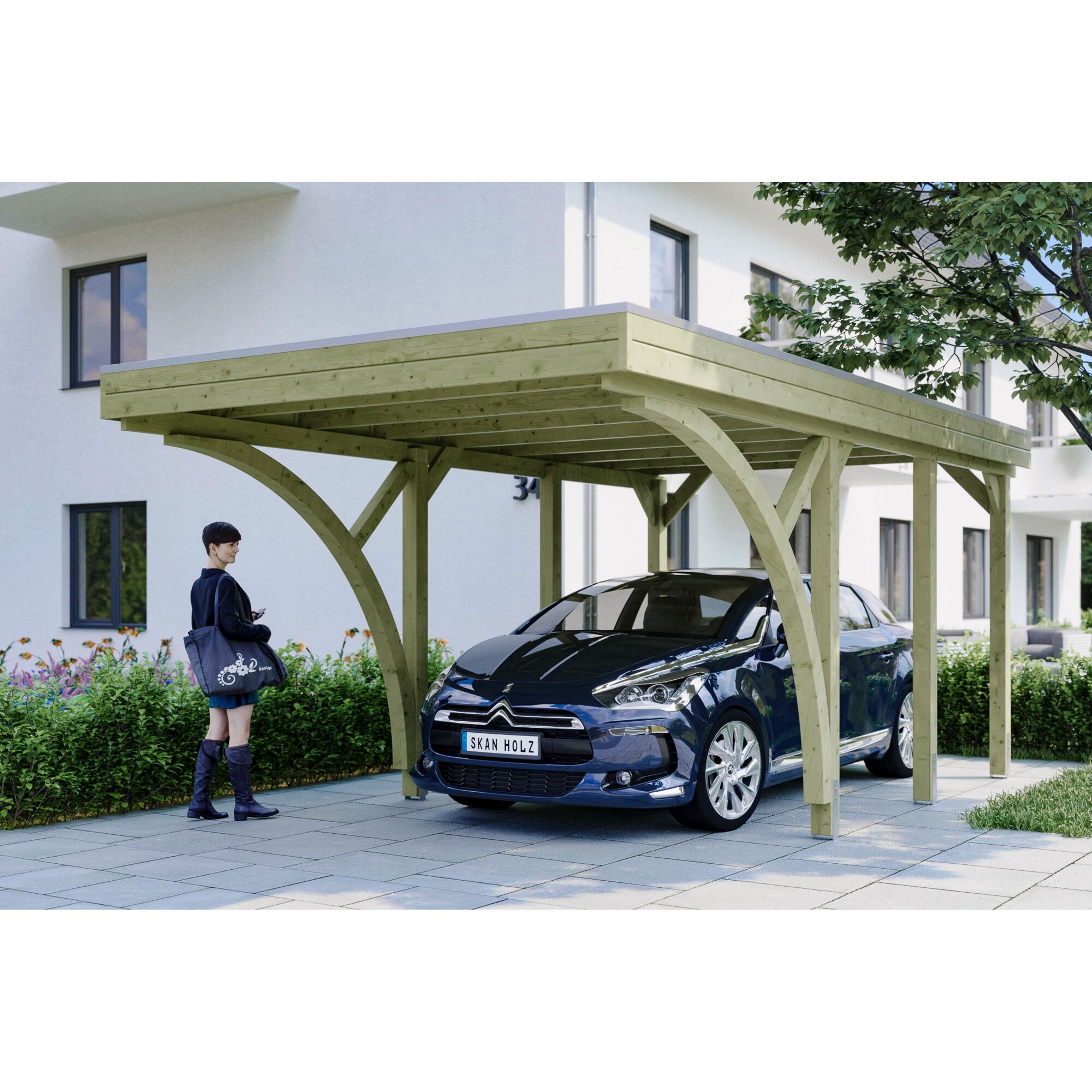 Auto steht unter einem Carport aus Holz.