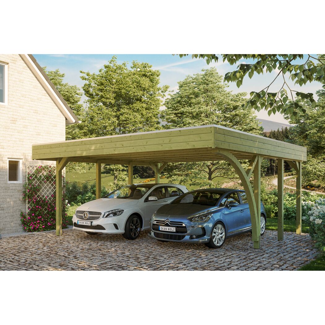 Doppelcarport aus Holz mit zwei Autos